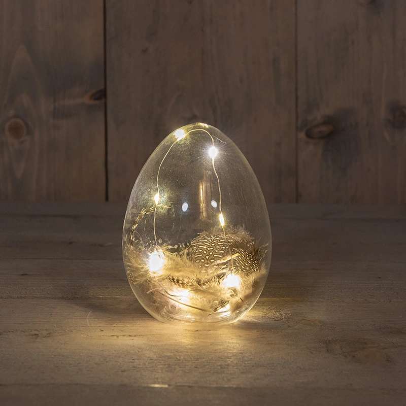 Glazen Paasei met Veertjes LED - 10x13,5 cm