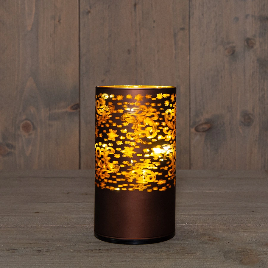 LED Lantaarn Glas Sterren Draaiend Ø9x16 cm - Donkerbruin/Goud - afbeelding 1
