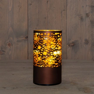 LED Lantaarn Glas Sterren Draaiend Ø9x16 cm - Donkerbruin/Goud - afbeelding 1