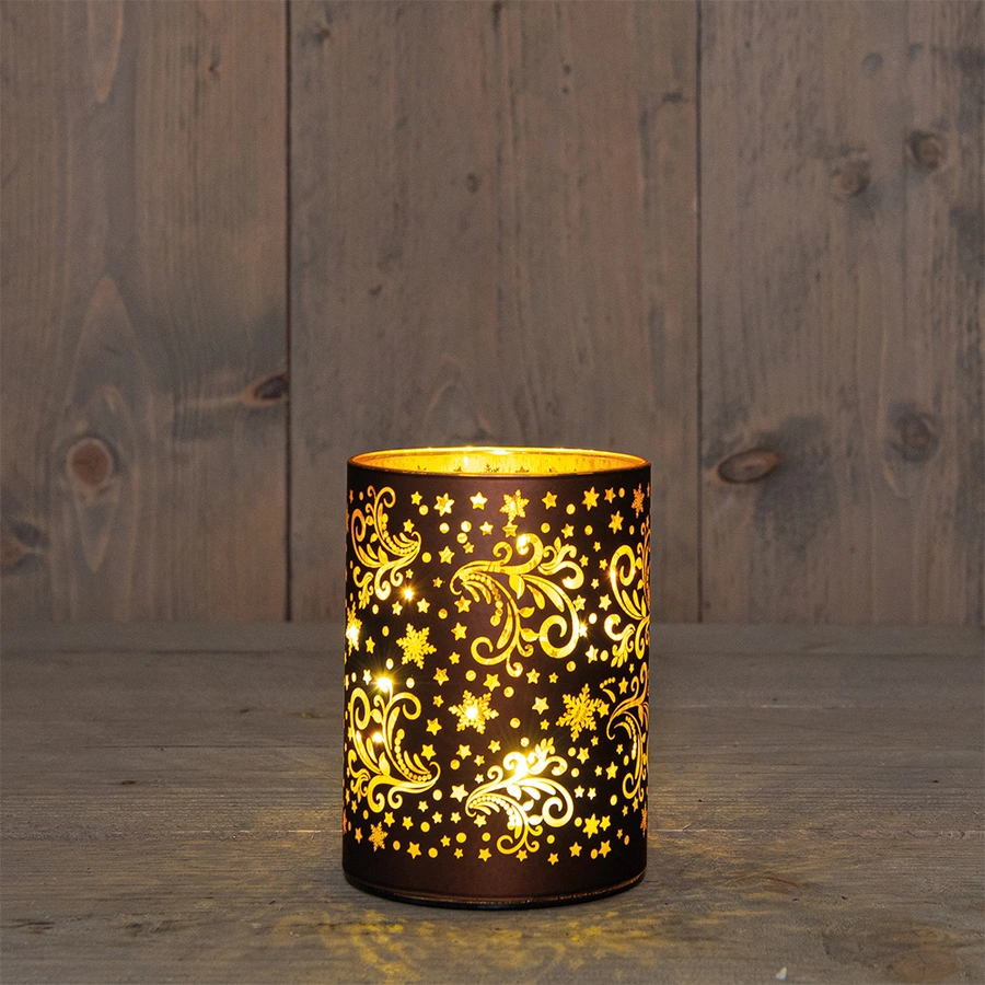 LED Lantaarn Glas Sterren Ø9x12 cm - Donkerbruin/Goud - afbeelding 1