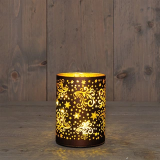 LED Lantaarn Glas Sterren Ø9x12 cm - Donkerbruin/Goud - afbeelding 1