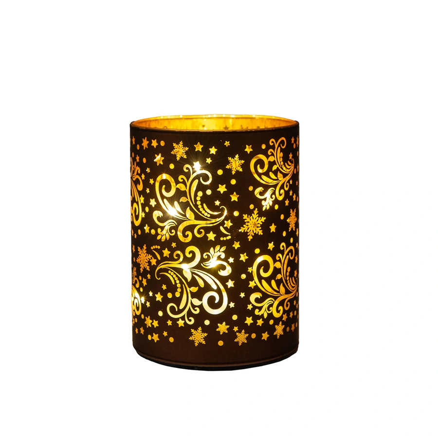 LED Lantaarn Glas Sterren Ø9x12 cm - Donkerbruin/Goud - afbeelding 2