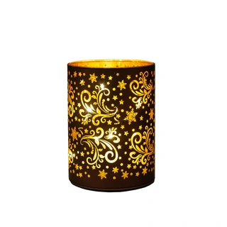 LED Lantaarn Glas Sterren Ø9x12 cm - Donkerbruin/Goud - afbeelding 2