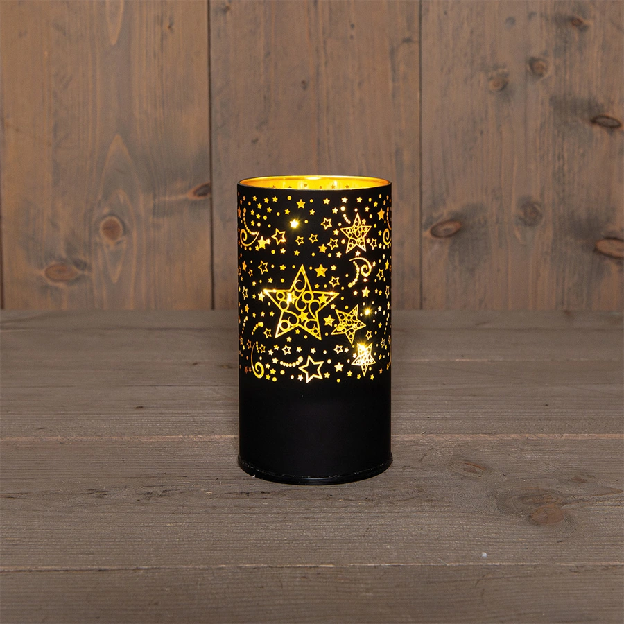 LED Lantaarn Glas Sterren Draaiend Ø9x16 cm - Zwart/Goud - afbeelding 1