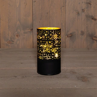 LED Lantaarn Glas Sterren Draaiend Ø9x16 cm - Zwart/Goud - afbeelding 1
