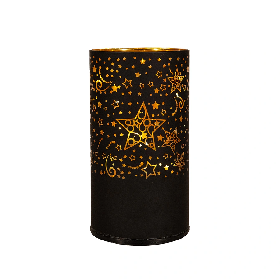 LED Lantaarn Glas Sterren Draaiend Ø9x16 cm - Zwart/Goud - afbeelding 2