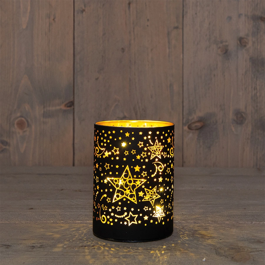 LED Lantaarn Glas Sterren Ø9x12 cm - Zwart/Goud - afbeelding 1