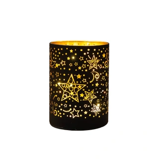 LED Lantaarn Glas Sterren Ø9x12 cm - Zwart/Goud - afbeelding 2