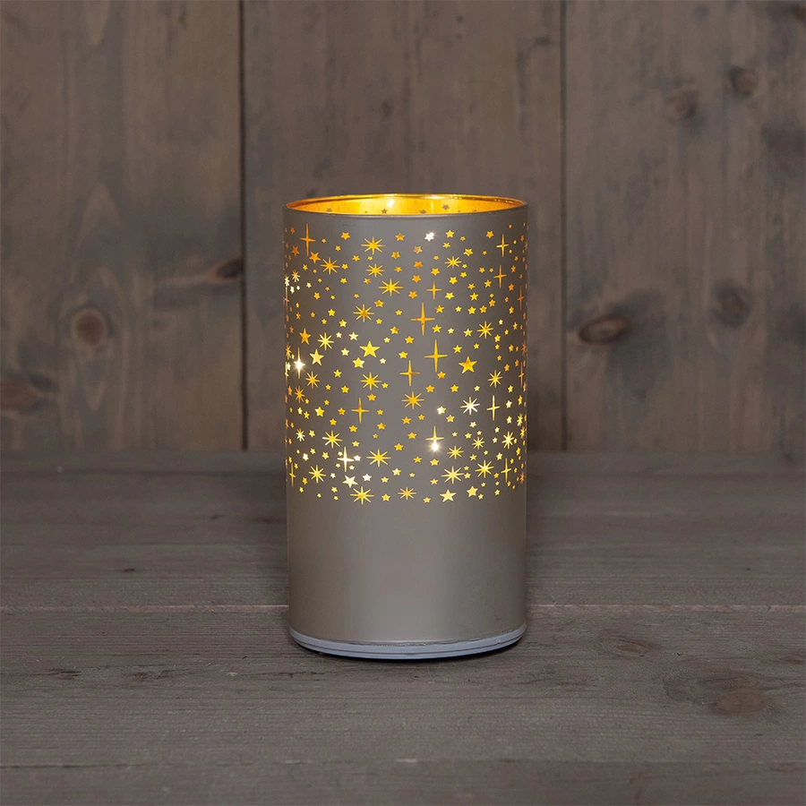 LED Lantaarn Glas Sterren Draaiend Ø9x16 cm - Champagne - afbeelding 1