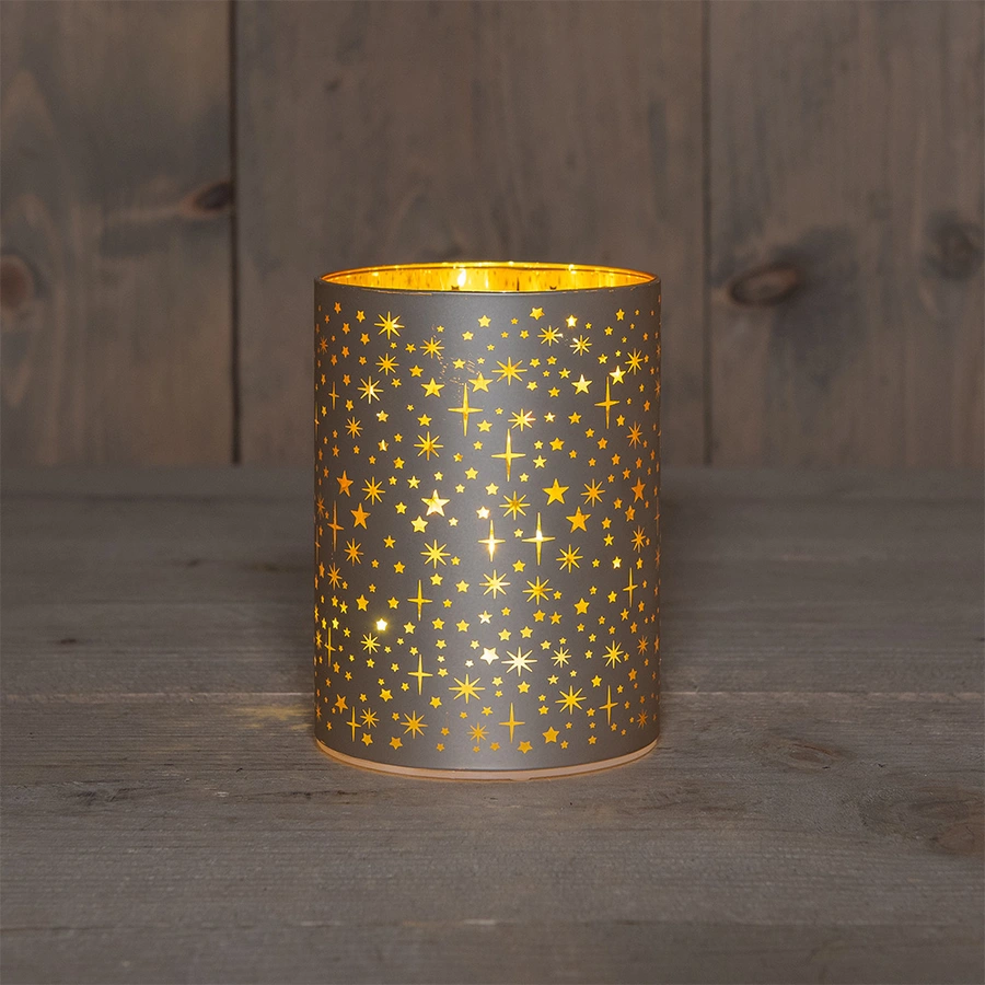 LED Lantaarn Glas Sterren Ø9x12 cm - Champagne - afbeelding 1