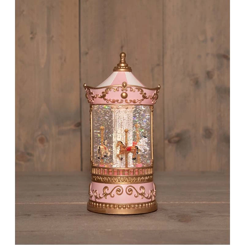 LED Lantaarn Draaimolen Rose Glitterwater - Ø12,5x25,5 cm - afbeelding 2