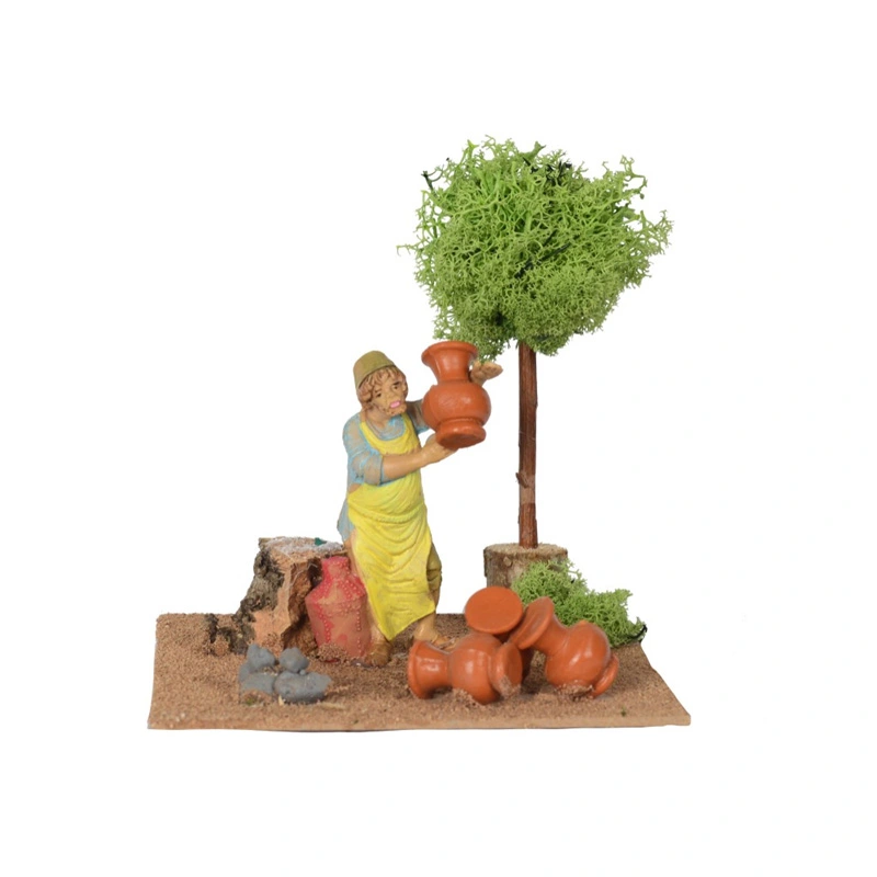 Figuur met Kruiken en Boom - 15x15x16 cm