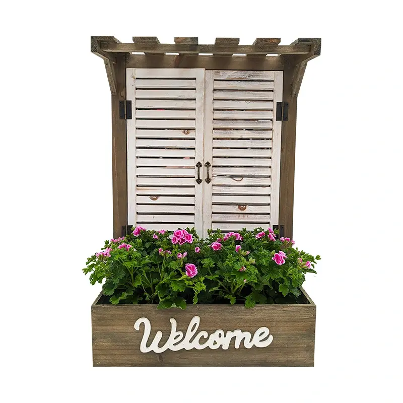 Houten plantenbakje met raam Welcome - 38x18x57 cm