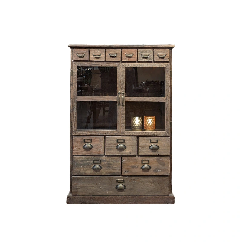 Houten VitrineKast met Lades en Glazen Deurtjes - 81x36x124 cm