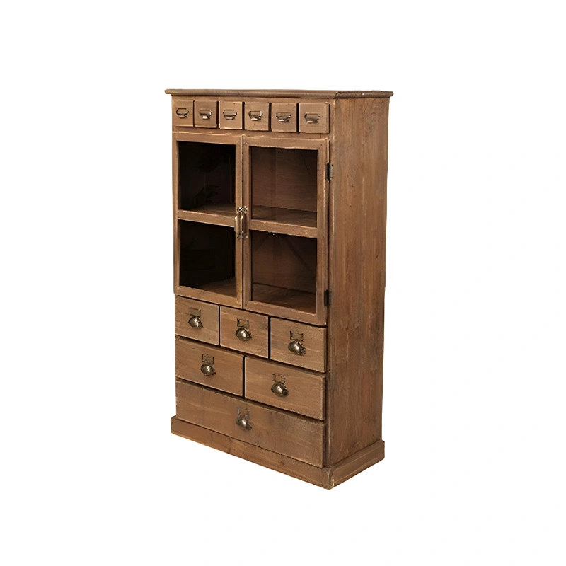 Houten VitrineKast met Lades en Glazen Deurtjes - 81x36x124 cm