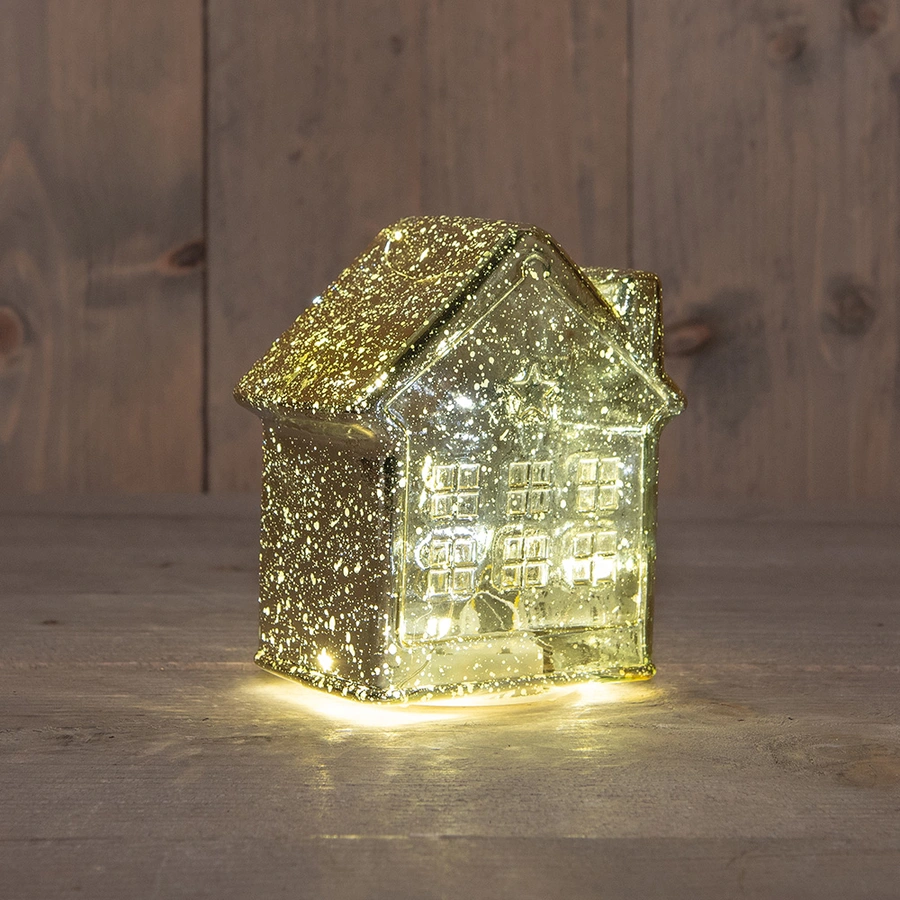 LED Huisje Glas Metallic Goud - 14 cm - afbeelding 1
