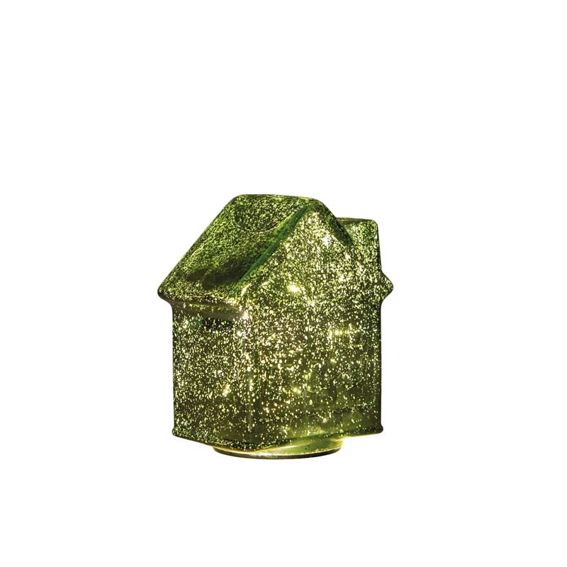 LED Huisje Glas 12,5x7,5x14 cm - Metallic Groen - afbeelding 1