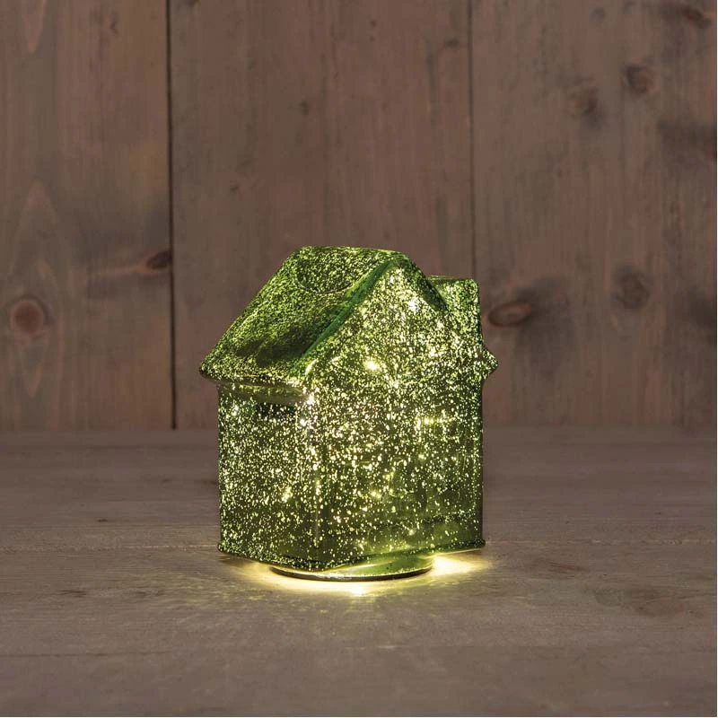 LED Huisje Glas 12,5x7,5x14 cm - Metallic Groen - afbeelding 2