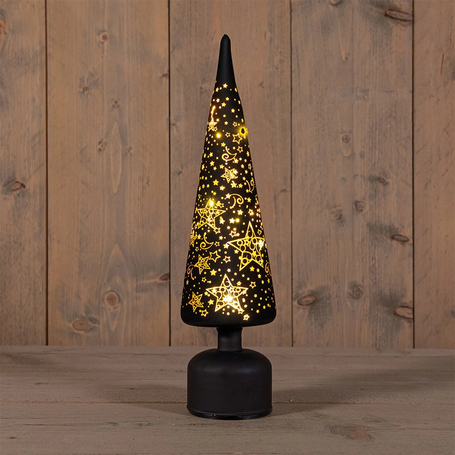 Kerstboompje Glas LED Draaiend Ø10x39 cm - Zwart/Goud - afbeelding 1
