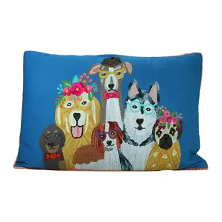Sierkussen Honden Bloemen Blauw -60x40 cm - afbeelding 1