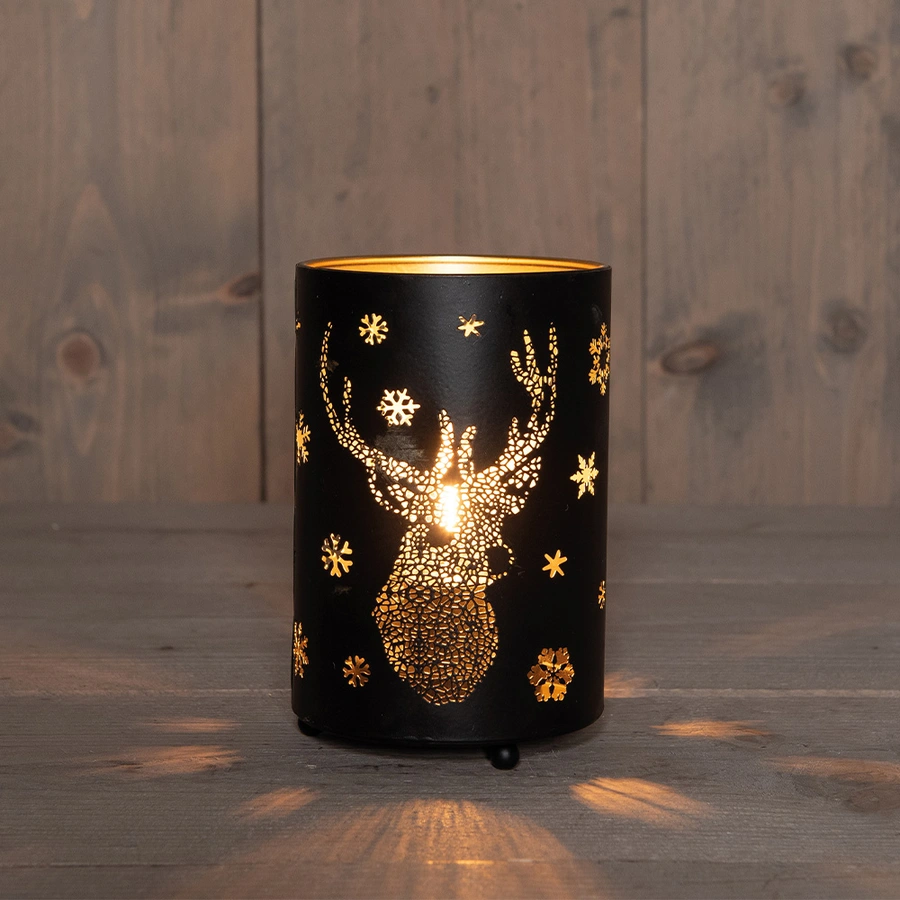 LED Lantaarn Rendier Ø10,5x16 cm - Zwart/Goud - afbeelding 1