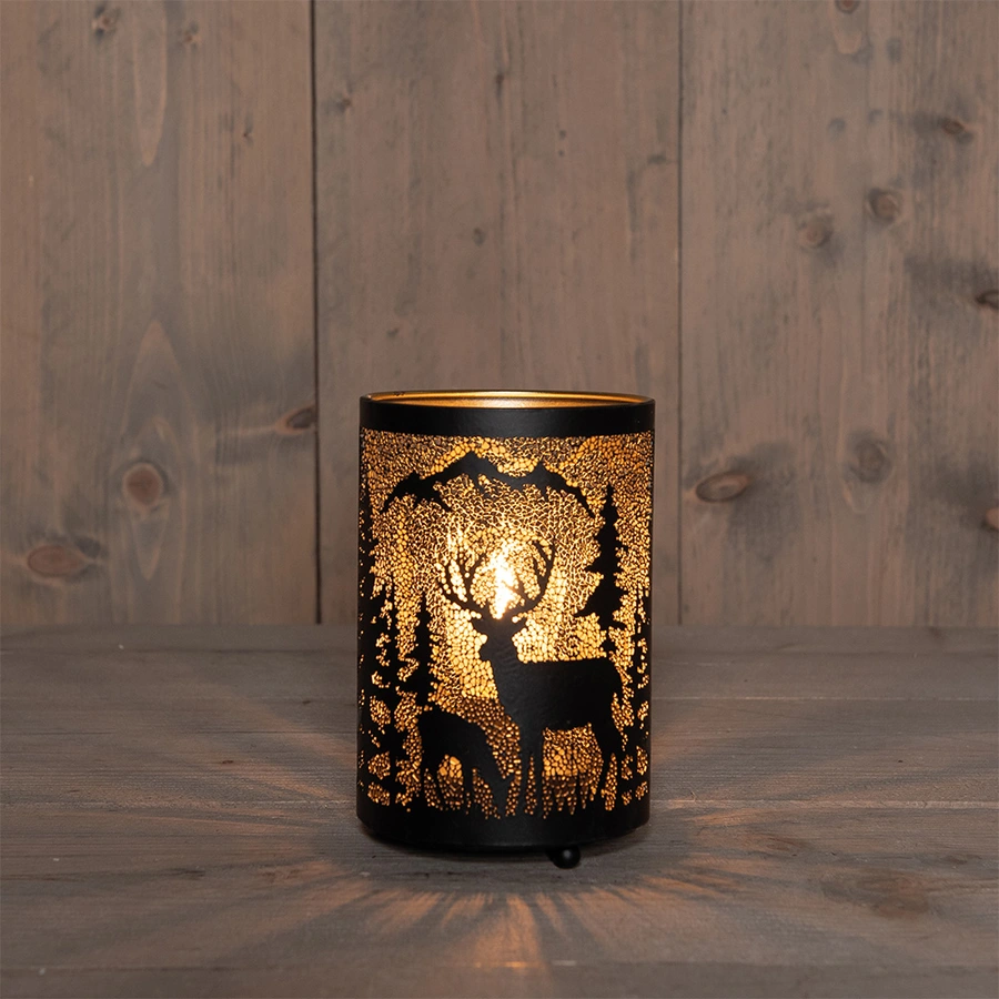LED Lantaarn Rendier/Bergen Ø10,5x16 cm - Zwart/Goud - afbeelding 1