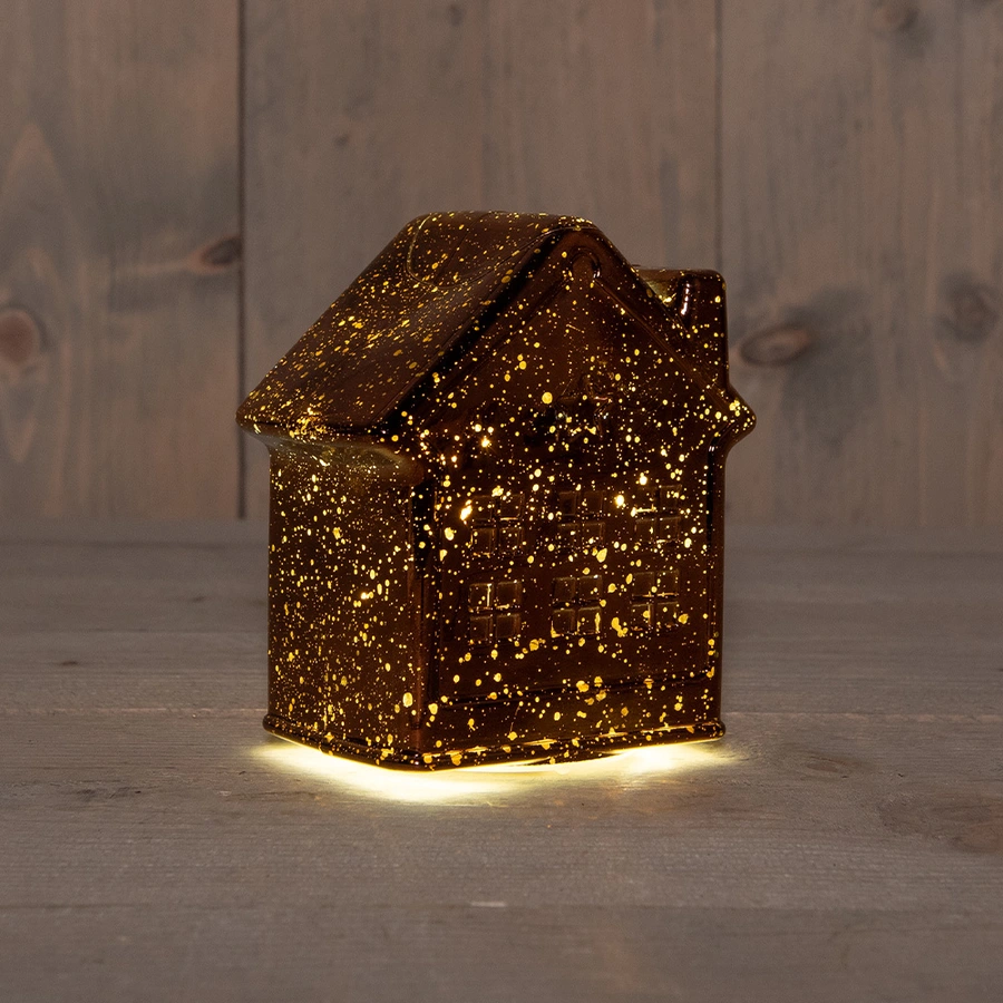 LED Huisje Glas Metallic Brons - 14 cm - afbeelding 1