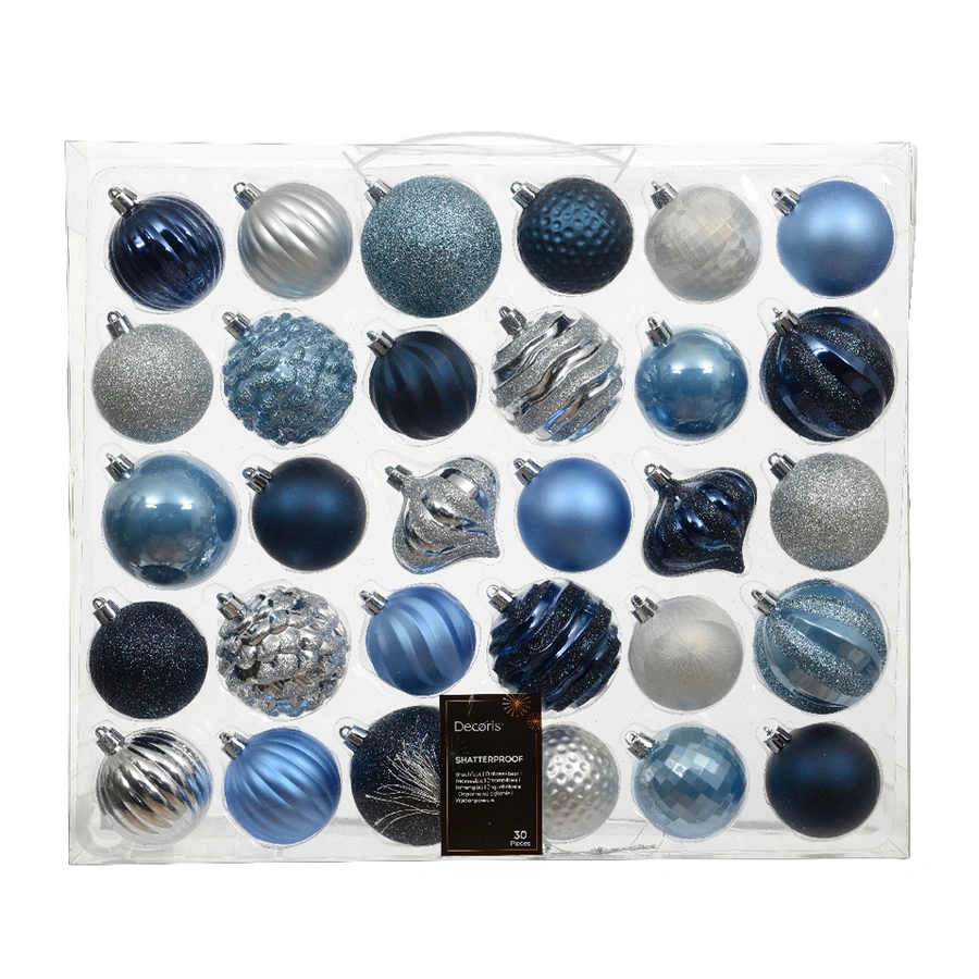 Kerstballen Mixdoos 30 st. Blauw/Zilver