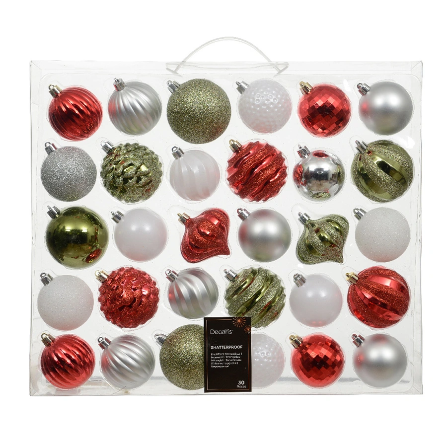 Kerstballen Mixdoos 30 st. Goud/Rood/Wit
