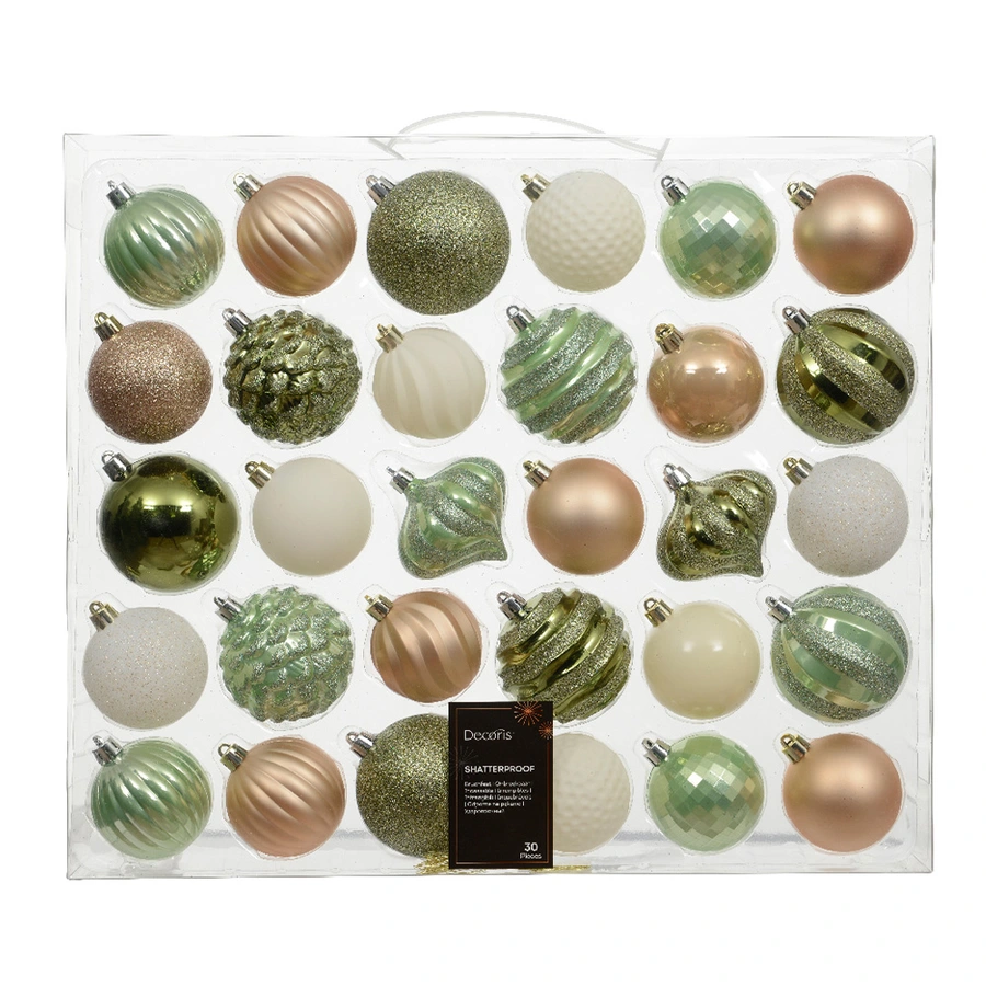 Kerstballen Mixdoos 30 st. Groen/Goud/Wit