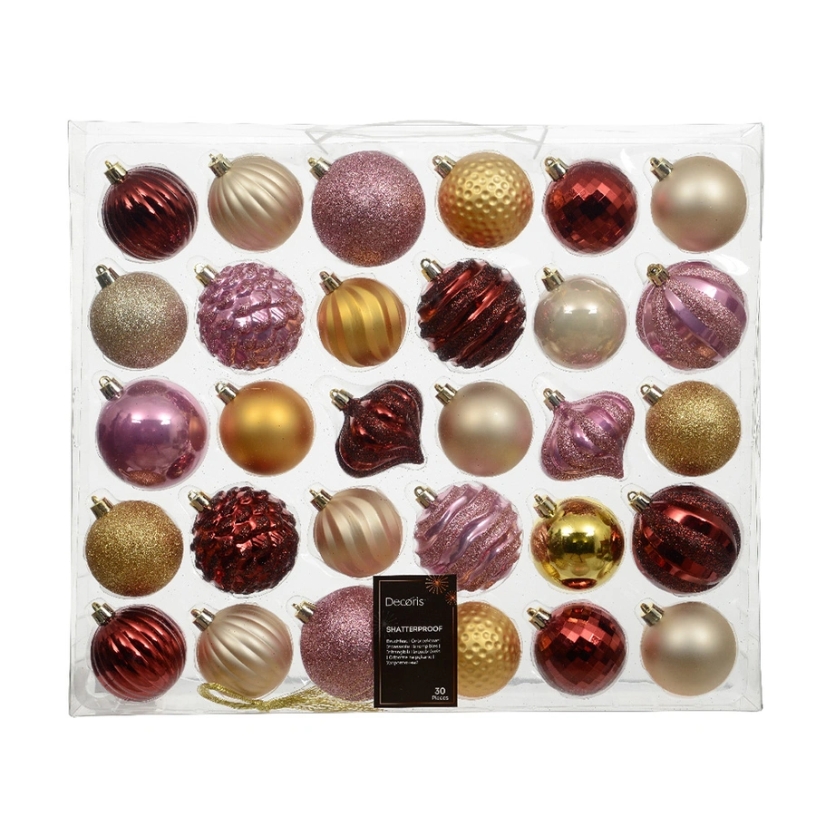Kerstballen Mixdoos 30 st. Roze/Rood/Goud
