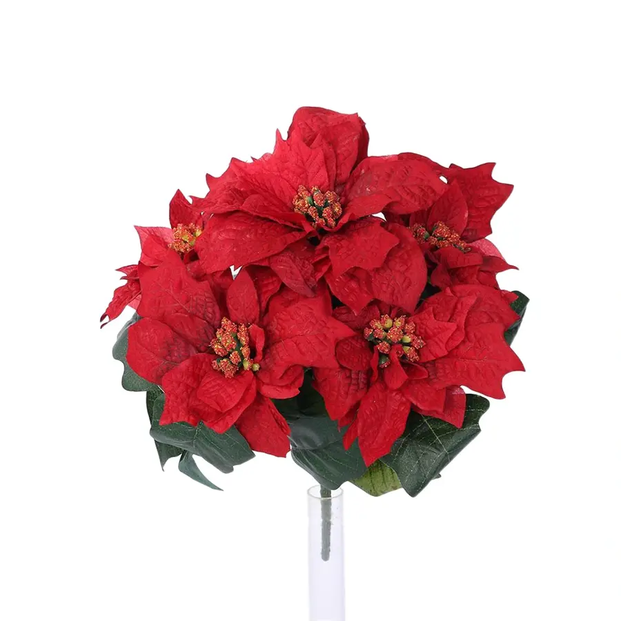 Kunst Poinsettia Bos 5 Bloemen Rood - 30 cm
