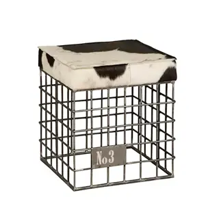 Tower Living Stool metal natural / Leather black white fur