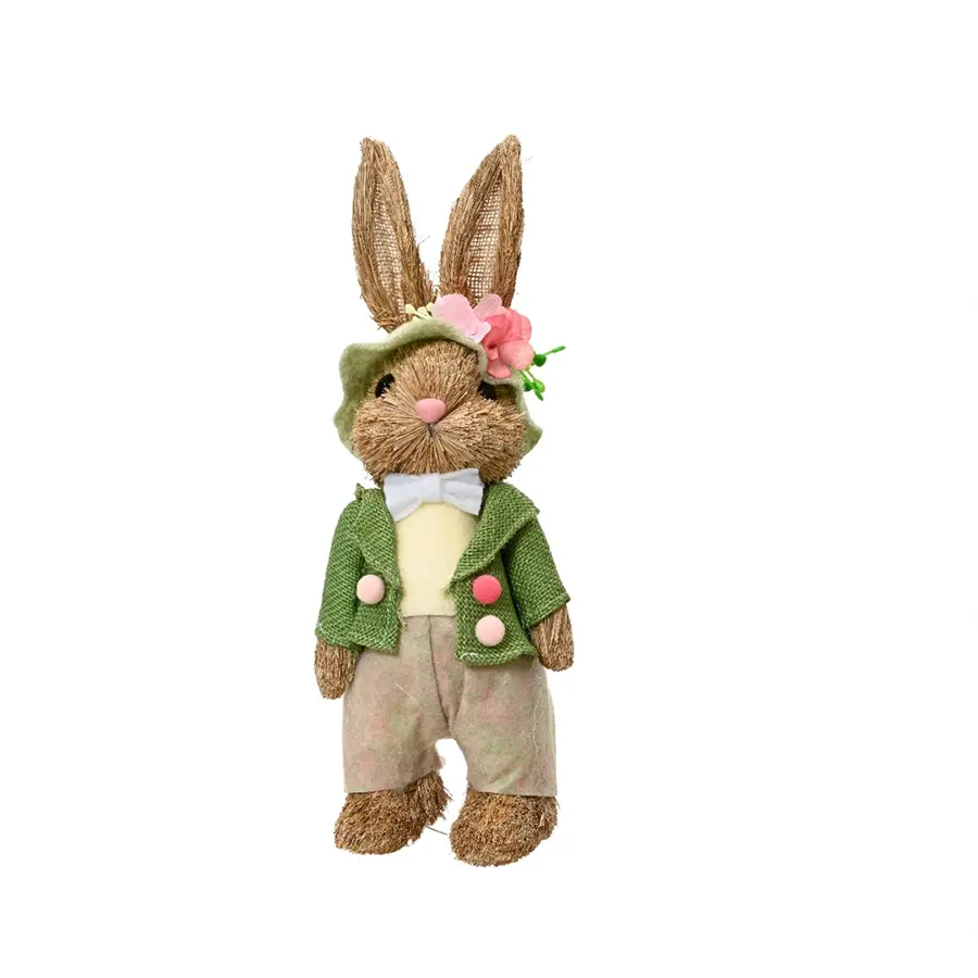 Stro Konijn in Groene Jas - 33 cm