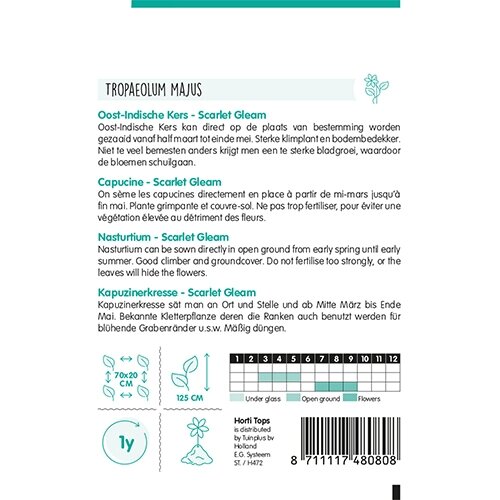 Horti Tops Tropaeolum, Oost-Indische Kers Scarlet Gleam Rood - afbeelding 2