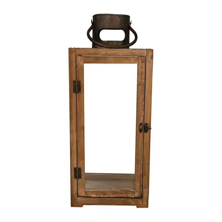 Vierkante Houten Lantaarn met glas - M