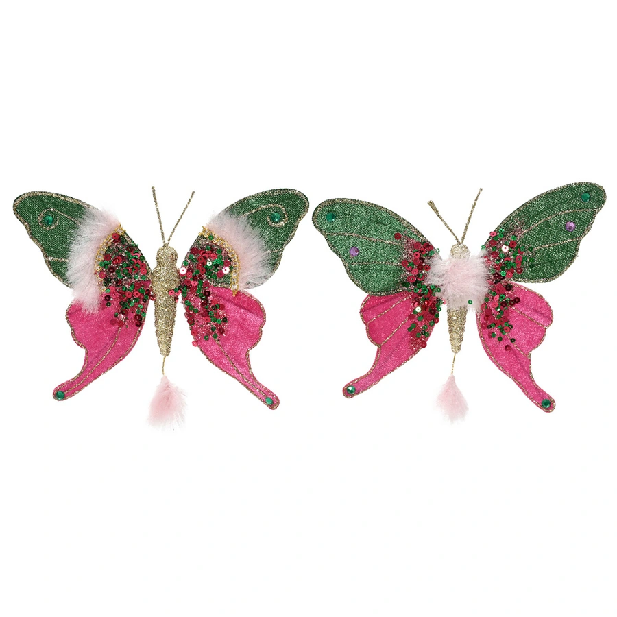 Kerstclip Vlinder Glitter 2 st. - Groen/Roze - afbeelding 1